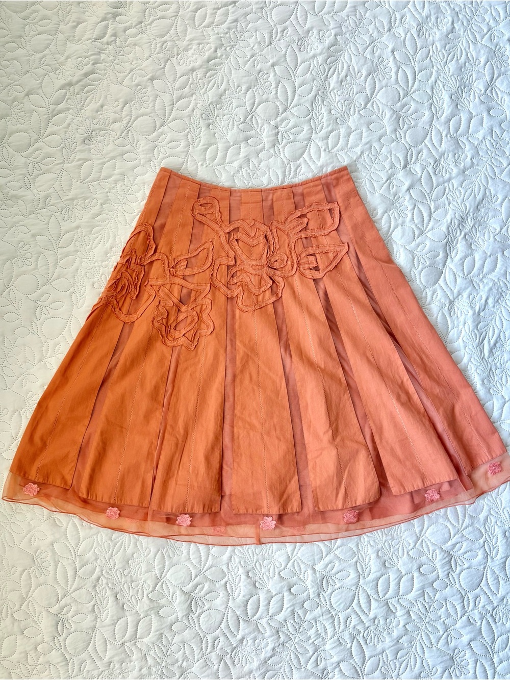 April Cornell Rust Orange A-Line Skirt with Floral Appliqué
